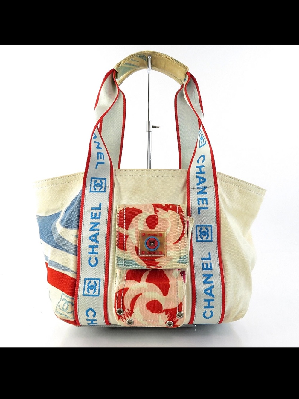 CHANEL Cream Canvas Tote with Red Floral & Blue Logo Straps